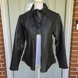 Leather Gallery Black Leather Braided Jacket with Neck Chest Warmer